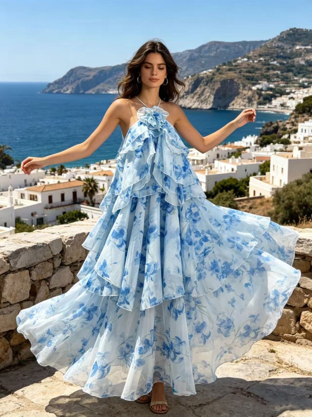 Blue Watercolor Floral Halter Dress - Picture 4 of 4